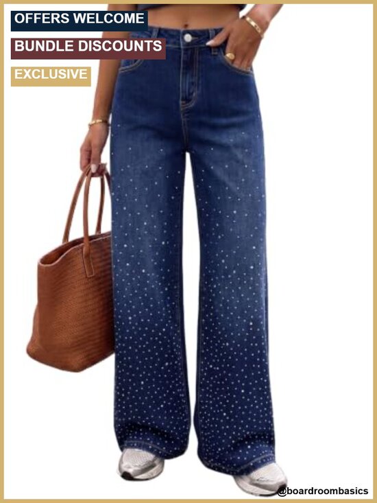 Denim - Stretchy Wide Leg Jeans Rhinestone High Rise Baggy Denim Pants